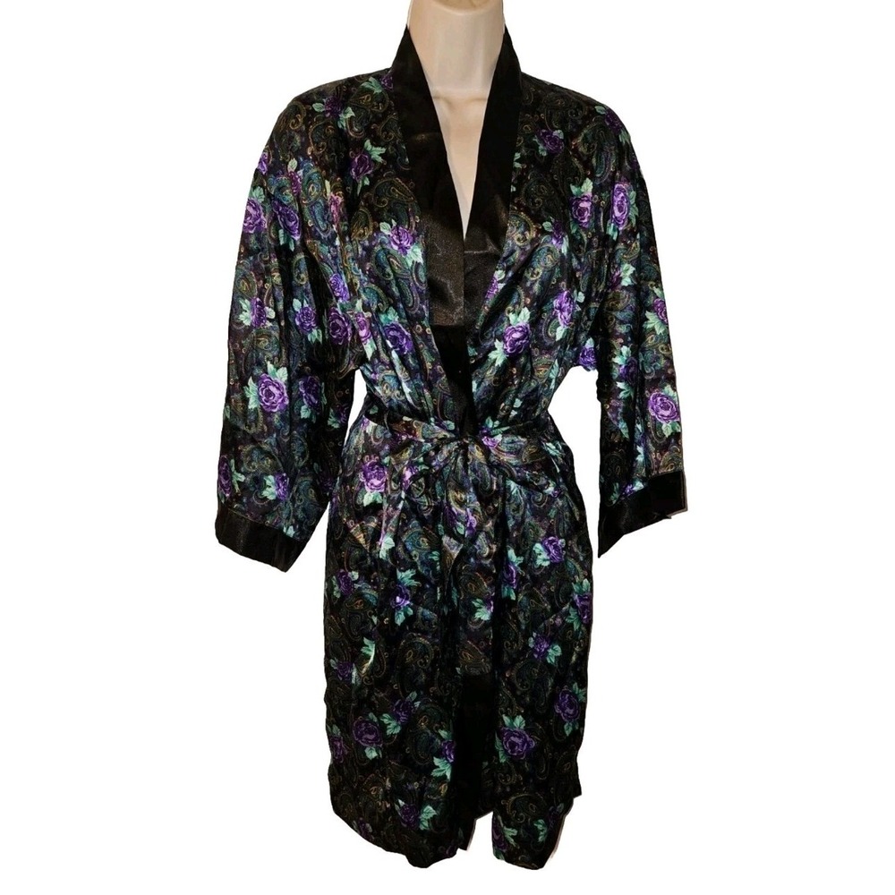 Vintage 90's Victorias Secret Satin Floral Paisley Robe With Tie‎ Belt Women's M